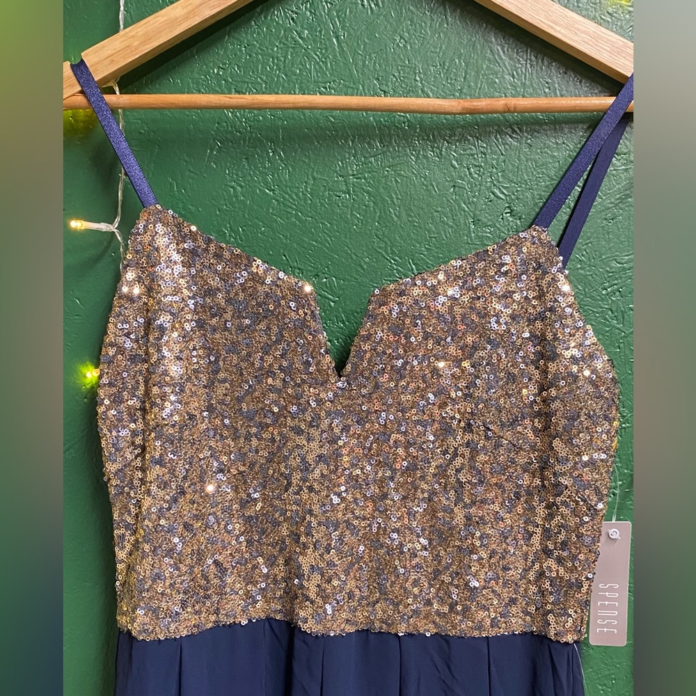 Navy Maxi Dress with Gold Sequin Bodice - Sparkle Evening Gown - Picture 3 of 5